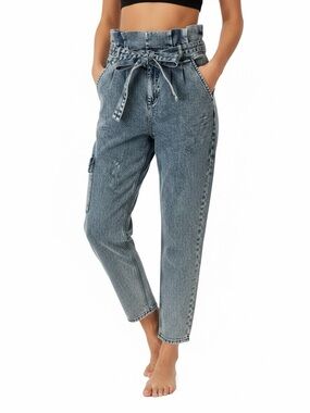 High-wasted Paperbag Cargo Jeans by Reclaimed Vintage made in Turkey Light Blue
